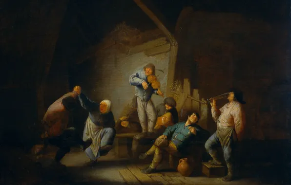 Tree, oil, picture, genre, Adriaen van Ostade, Couple Dancing