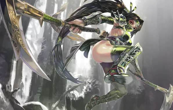 Picture girl, weapons, jump, art, league of legends, akali, omegaboost, aoin