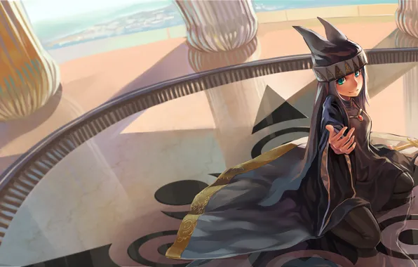 Pattern, hat, hand, sword, art, girl, floor, columns