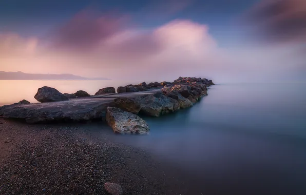 Sea, stones, rocks, dawn, coast