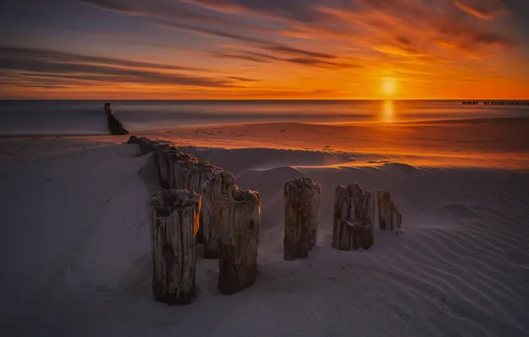 Sand, sunset, shore, pond, piles