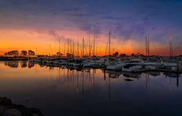 Picture sunset, Bay, yachts, boats