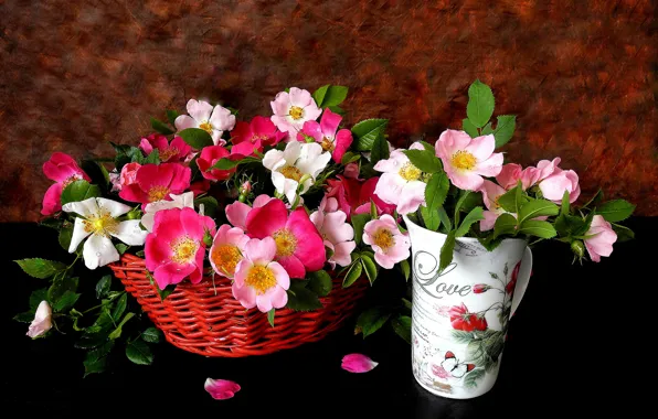Flowers, background, basket, glass, roses, petals, pink, tea