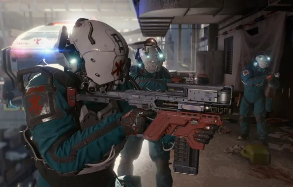 Weapons, soldiers, armor, Cyberpunk 2077, Cyberpunk