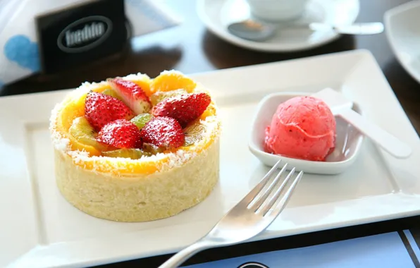 Kiwi, strawberry, plate, ice cream, dessert
