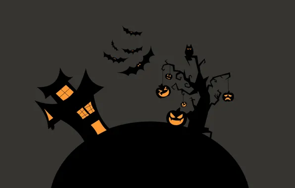 Night, tree, House, pumpkin, Halloween, bats, Halloween