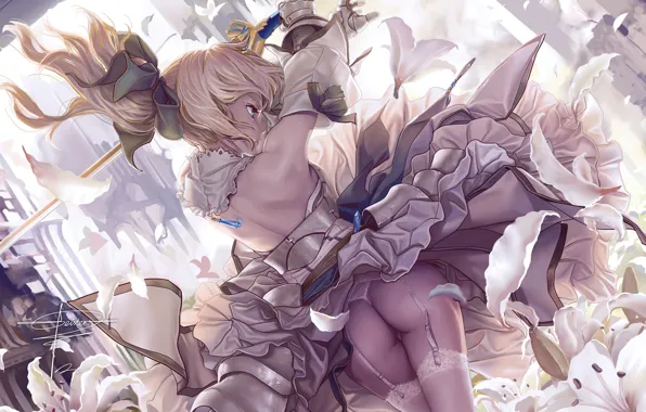 Girl, flowers, sword, stockings, armor, dress, Fate/stay night, saber