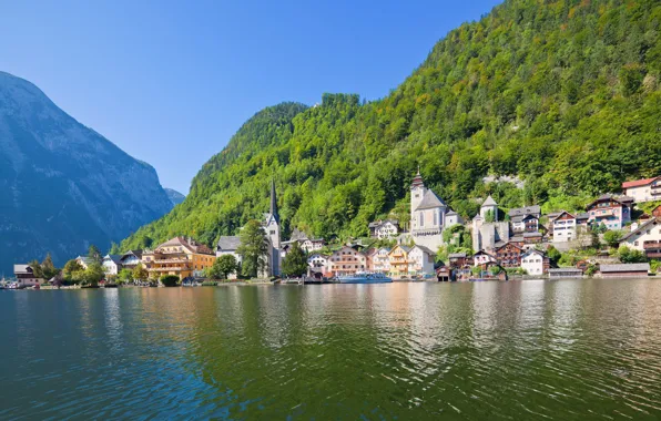 Mountains, lake, home, Austria, Alps, Austria, Hallstatt, Hallstatt