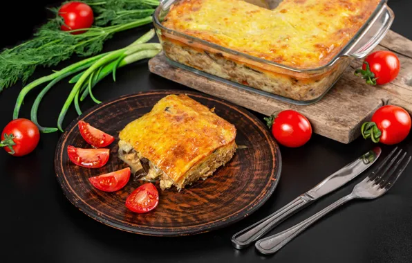 Greens, cheese, knife, tomatoes, dish, lasagna