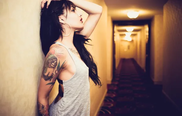 Pose, model, portrait, makeup, dress, brunette, tattoo, corridor
