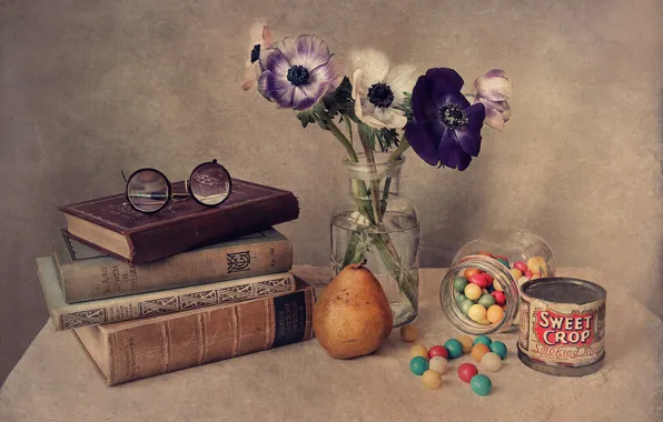 Flowers, books, glasses, pear, still life, pills