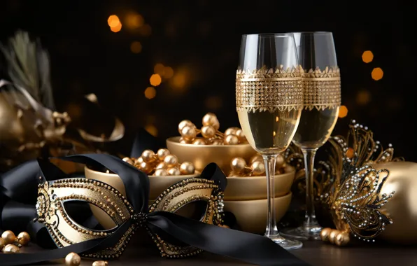 Picture balls, decoration, table, wine, black, mask, glasses, Christmas
