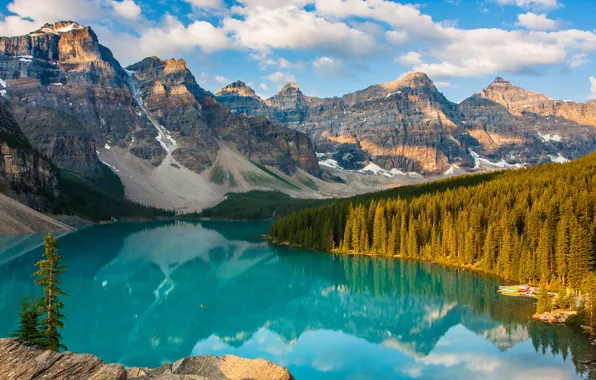Forest, mountains, lake, shore, ate, Canada, Albert, Moraine