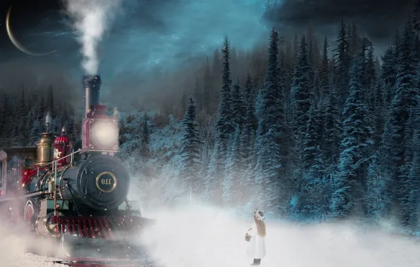 Picture Winter, Night, Snow, The engine, Forest, Tale, Christmas, Girl