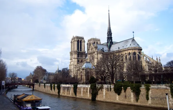 The sky, clouds, bridge, river, France, Paris, boat, Notre Dame Cathedral