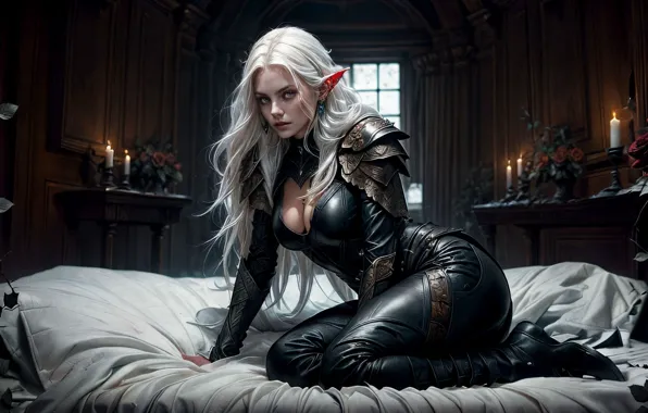 Room, armor, blonde, bed, neckline, elf, cleavage, ears