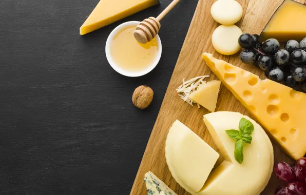 Food, cheese, grapes, pieces, bowl, nuts, honey, different
