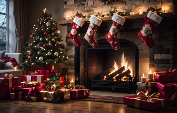 Decoration, room, balls, tree, interior, New Year, Christmas, gifts