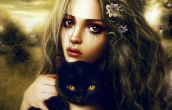 Picture look, girl, kitty, black, art, in the hands