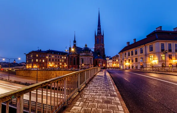 Light, the city, road, the evening, lights, Stockholm, Sweden, Old Town