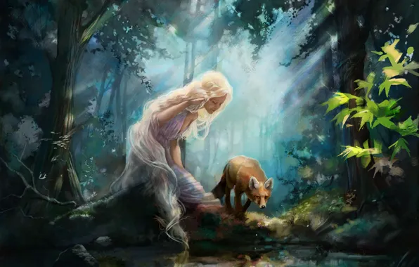 Picture forest, light, Girl, Fox, pond