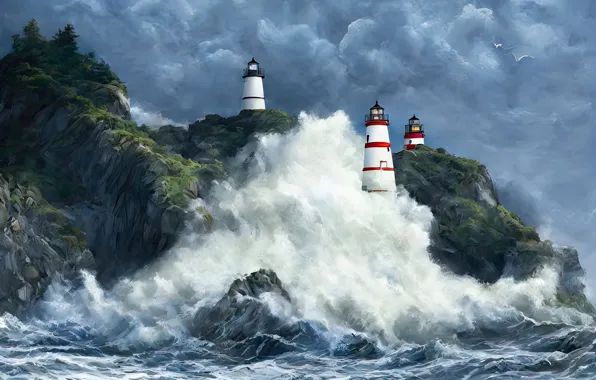 Sea, wave, clouds, landscape, mountains, clouds, storm, nature