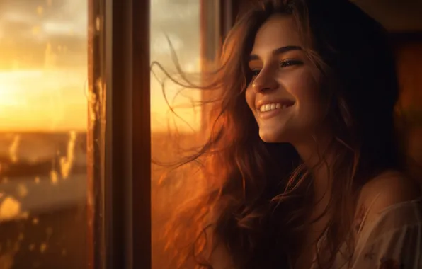 The sky, look, glass, girl, the sun, light, joy, sunset