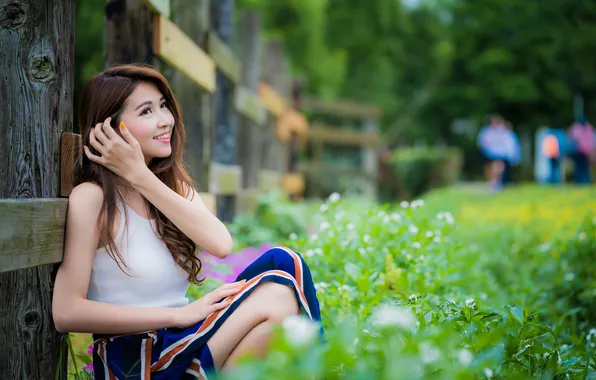 Grass, flowers, pose, model, the fence, skirt, portrait, makeup