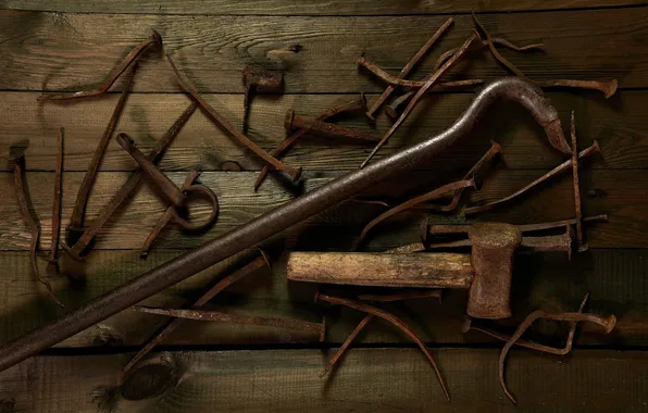 Table, rust, old, tool, nails, clippers, hammers