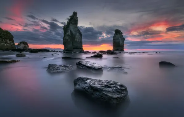 Sunset, Water, Clouds, Sea, Rocks, The crimson, Boulders