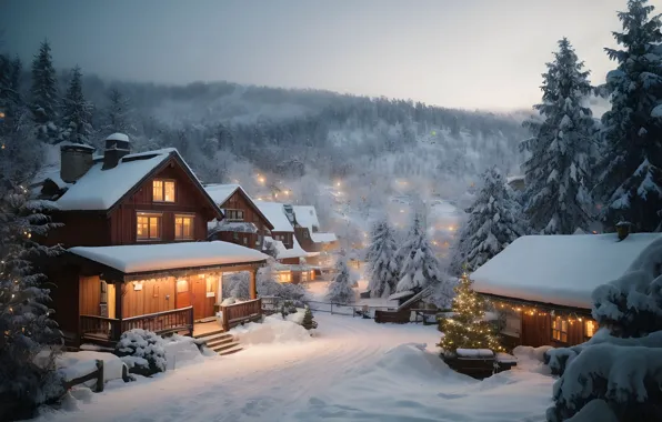Winter, frost, road, forest, light, snow, mountains, village