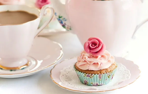 Flower, pink, coffee, food, dishes, cake, cream, dessert