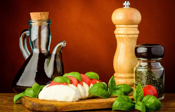 Oil, cheese, tomatoes, spices