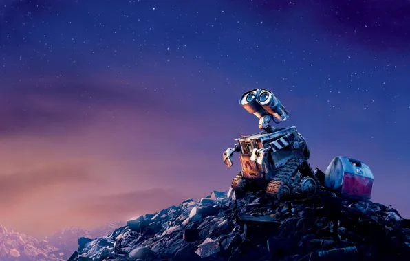 Picture sadness, the sky, stars, garbage, the film, cartoon, the evening, wall-e