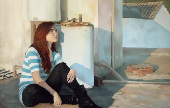 Look, girl, art, painting, jacket, sitting