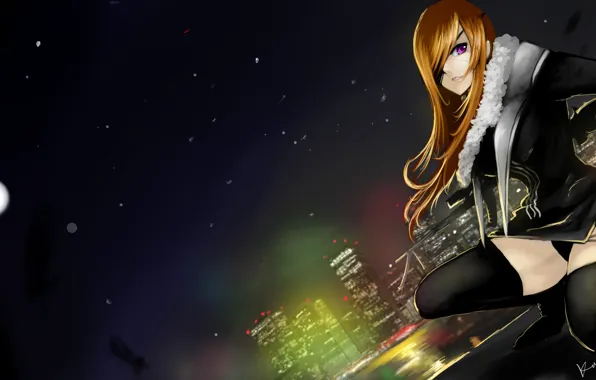 Picture look, girl, night, the city, weapons, the moon, art, eye patch