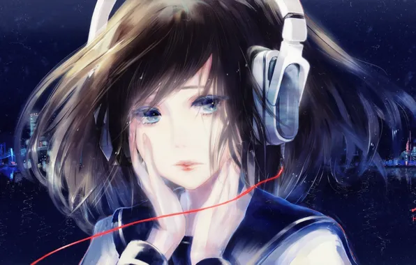 Picture girl, the city, home, anime, headphones, tears, art, wire