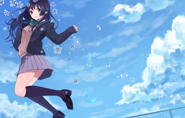 The sky, girl, clouds, flowers, anime, petals, art, form