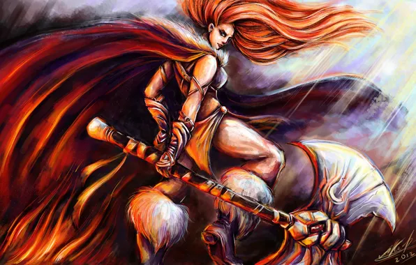 Girl, axe, red hair, Diablo 3, barbarian, Barbarian