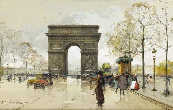 The city, people, street, picture, arch, Eugene Galien-Laloue, Place de Chatale