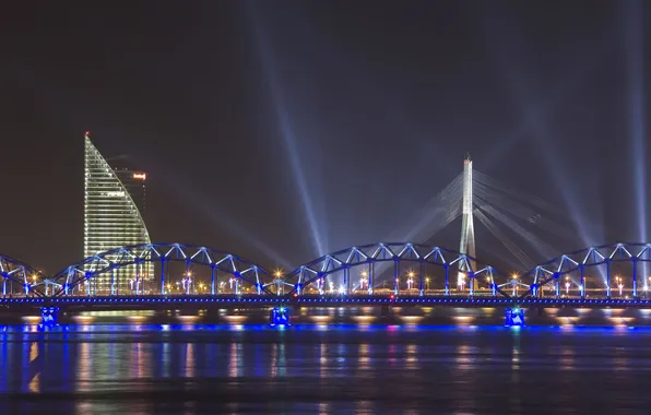 Picture rays, bridge, river, Riga, cable-stayed bridge
