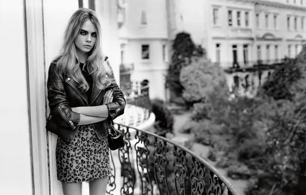 Picture model, dress, jacket, black and white, balcony, brown hair, Cara Delevingne, Cara Delevingne
