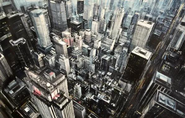 Picture skyscrapers, street, abstract realism, Emilio Valerio D'ospina