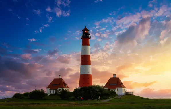 Picture the sky, grass, sunset, lighthouse, the evening, roof, house, Germany