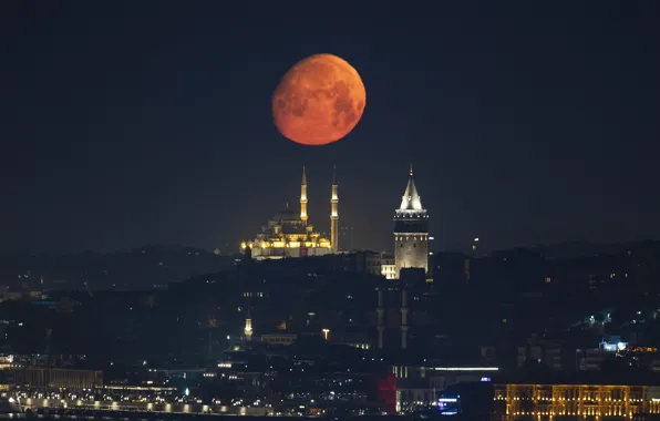 Full moon, istanbul, galata tower, fatih mosque