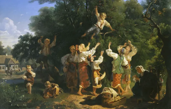 Picture children, house, girls, oil, grandma, Canvas, 1858, Ivan SOKOLOV