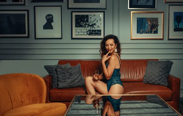 Girl, pose, table, room, sofa, glass, pillow, brunette