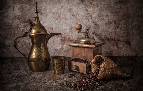 Metal, glass, retro, wall, coffee, dishes, still life, coffee beans
