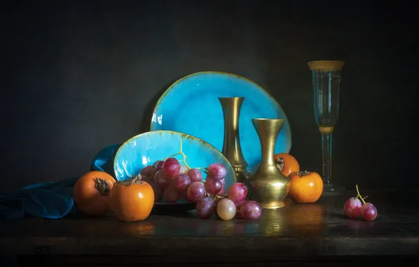 Table, plate, grapes, dishes, bowl, still life, vases, persimmon