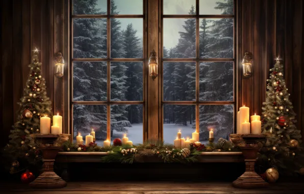 Wallpaper herringbone, room, interior, candles, the view from the window, AI art, winter, new year decorations